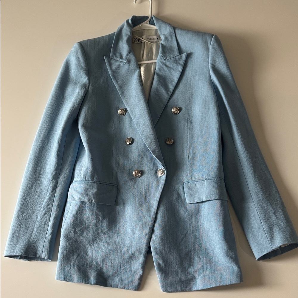 Zara Linen Blazer Light Blue Size S Double Breasted Tailored